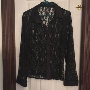Elegant Black Lace Button-Up Blouse